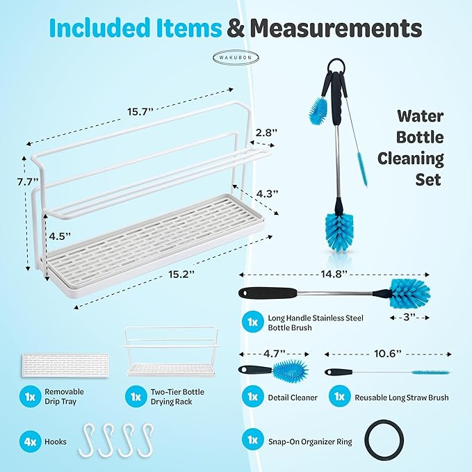 WAKUBON Bottle Drying Rack for Kitchen Countertop - Two-Tier for Water Bottles and Tumblers, Space-Saving Storage Stand with Drainage Tray, Includes Water Bottle Drying Rack Brush Cleaning Set (White)