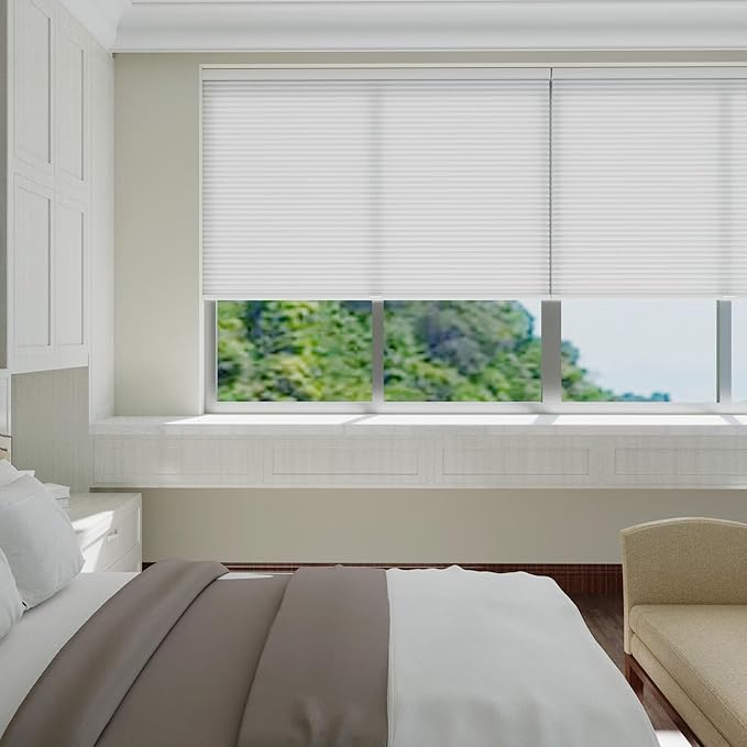 Changshade Cordless & Light Filtering Customized Cellular Shade, Tools-Free Pleated Honeycomb Shade, Light Blocking Window Shade and Blind, White