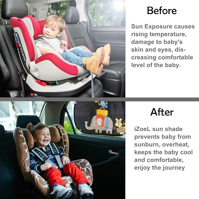 MOVINPE Car Sun Shade for Baby Kids 2 Pack Static Cling Side Window Car 80GSM Rear Sunshades Universal with 8 Suction Cups and Storage Bag - Sun Glare and UV Rays Protection (Elephant & Tiger)