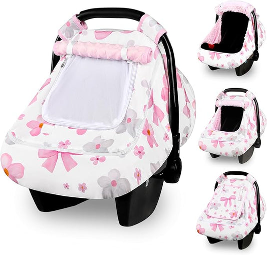 Hooyax Baby Car Seat Cover with Dual Zipper, Extra Large Mesh Window Carseat Canopy, All-Season Weather Protection for Infant Car Seats & Strollers (Pink Bow)