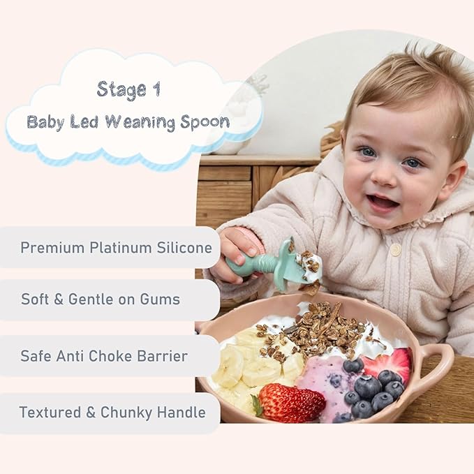 Ginbear Platinum Silicone Baby Spoons Self Feeding 6 Months First Stage, Non Toxic Infants Led Weaning Utensils for Training, Soft BLW Supplies Pack of 4 (Cool Gray/Ivory)