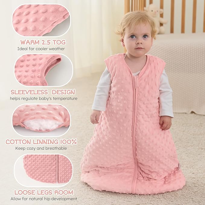FILLEEP Fleece Baby Sleep Sack 6-12 Months 2.5 Tog with Plush Dots, Winter Baby Wearable Blanket for Infant Toddler Sleeping Sack 2-Way Zipper Warm Sleepsack, Pink