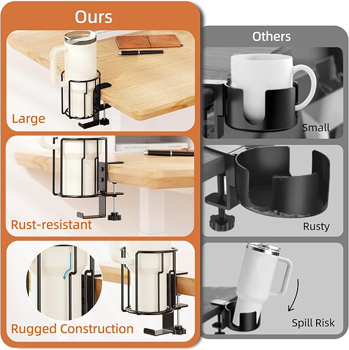 Large Desk Cup Holder, 2-in-1 Clip On Cup Holder with Headphone Hook, Heavy-Duty Metal Drink Holder for Insulated Tumblers, Big Water Bottles, Fits Office Desk Organizer, Dorm, Gaming Setup (2 Pack)