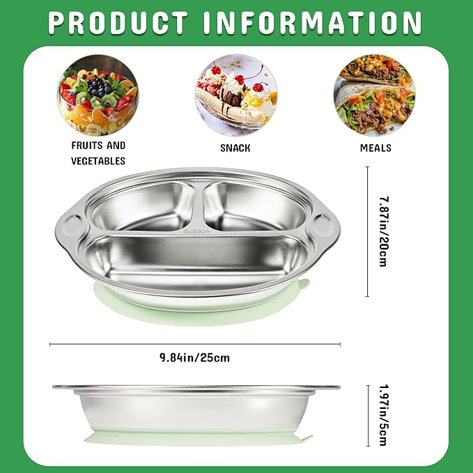Mrs. Chou Stainless Steel Baby Suction Plates: Divided Plates for Babies and Toddlers, Made of 100% Food-Grade Materials Ideal for Baby-Led Weaning BPA-Free Toddler Feeding Dishwasher Safe Green