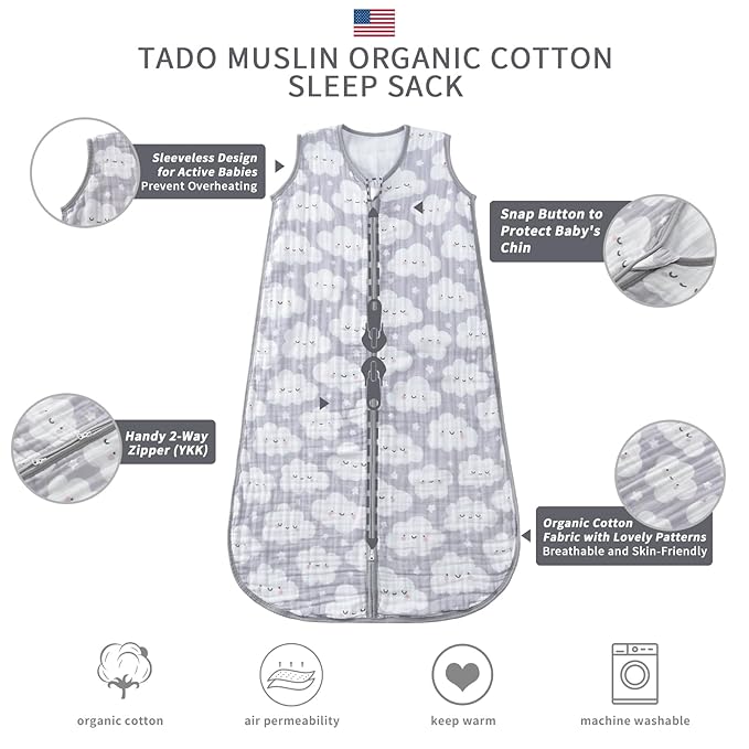 TADO MUSLIN Baby Sleep Sack 2-4 T Baby Wearable Blanket 100% Organic Cotton 0.5 TOG Toddler Sleep Sacks 2- Way Zipper Soft 4 Layers Muslin 2T 3T 4T Cloud