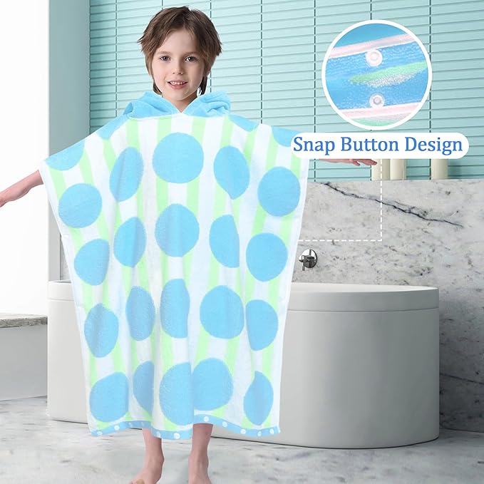 VOOVA & MOVAS Kids Poncho Towels with Hood (4-8Years), Absorbent Quick Dry Lightweight Hooded Beach Towel for Pool | Swim | Bath, Blue Dot Strip