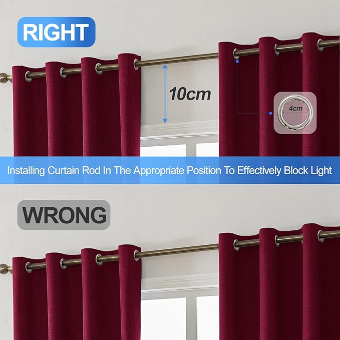 Linen 100% Blackout Curtains for Bedroom, Black Out Curtains 84 Inch Long, Room Darkening Curtains for Living Room, Long Curtain Grommets Drapes, Thermal Curtains(2 Panels, Burgundy)