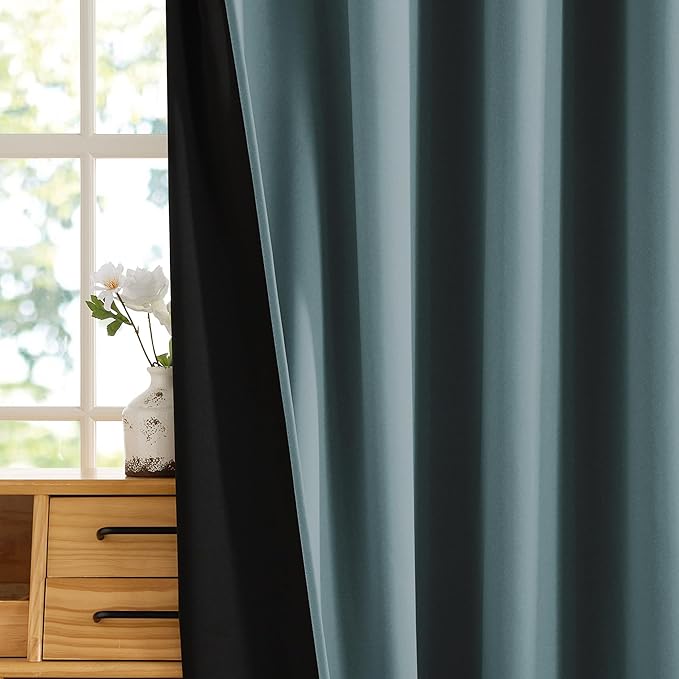 RYB HOME 100% Blackout Curtains 63 inches Length, Thermal Insulated Total Room Darkening Noise Reducing 2 Panel Curtains for Bedroom Office, 52 inches Wide by 63 inches Long, Dusty Blue