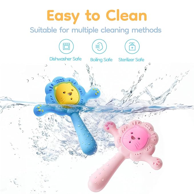 Lion Teething Toys for Babies, Soft Silicone Teether Rattle for Teething Relief 3 5 6 8 9 10 12 18 Months | BPA Free Montessori Sensory Toy for Baby Toddler Motor Skill Development, Blue