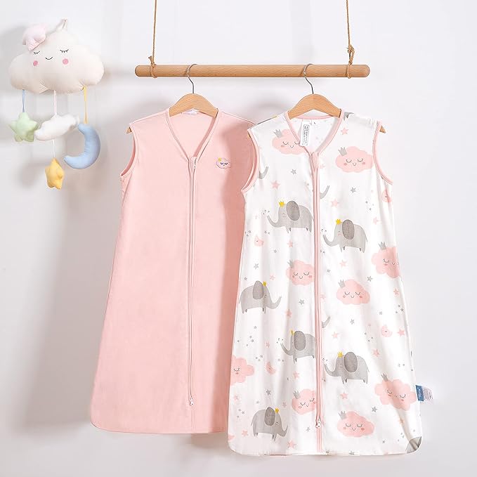 TILLYOU 2 Pack Infant Sleep Sack 0-6 Months 100% Cotton Wearable Blanket 0.5 TOG Sleeveless Summer Sleep Sacks with 2-Way Zipper, Pink Elephant & Cloud