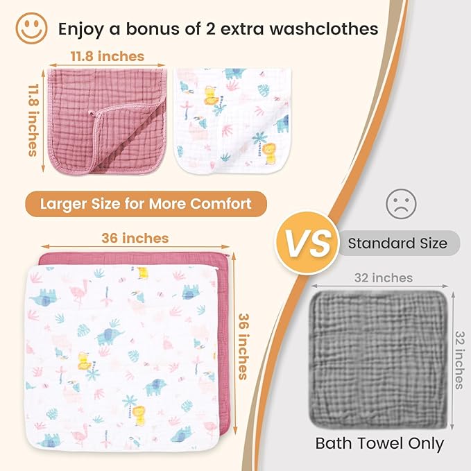 Hooded Baby Towels for Newborn, 2 Pack 36x36Inch Muslin Cotton Baby Bath Towel and 2 Pack 12x12Inch Washcloth Set with Hood for Babies, Toddler and Kids, Essentials Must Haves (Coffee and Car)
