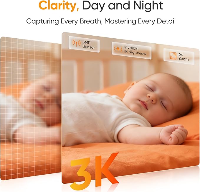 Monai Smart Baby Monitor - 3K HD WiFi Video Baby Camera with 7 AI Features, Pan-Tilt, 6X Zoom & Night Vision, Instant Alerts for Cry/Sound/Sleep/Face Covered/Motion, No Monthly Fee, Nursery Monitor