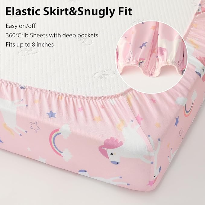 Baby Crib Sheets Girl, 3 Pack Toddler Bed Sheets for 52”x28” Standard Toddler Mattresses, Soft Microfiber Fitted Crib Sheets Pink Purple Rainbow