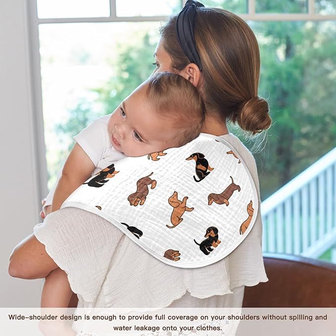 WELLDAY Muslin Baby Burp Cloths Set of 2, Soft Absorbent Cute Dogs Dachshunds Muslin Washcloths, Bibs, Face Towel for Newborn Boys Girls, 22 x 11 Inch