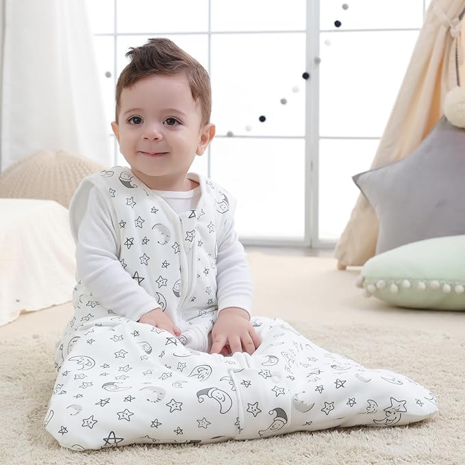 Mosebears Sleep Sack Baby Winter Wearable Blanket with 2-Way Zipper,2.5 TOG Cotton Sleep Sack Unisex (White Star, 0-6 Months)