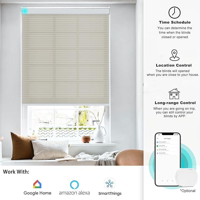 Changshade Motorized Cellular Shades With Remote Control Smart Blinds Work With Alexa, Google Home, Smarthings, Custom Size Electronic Automatic Shades for Indoor Windows Doors, Light Filtering, Beige