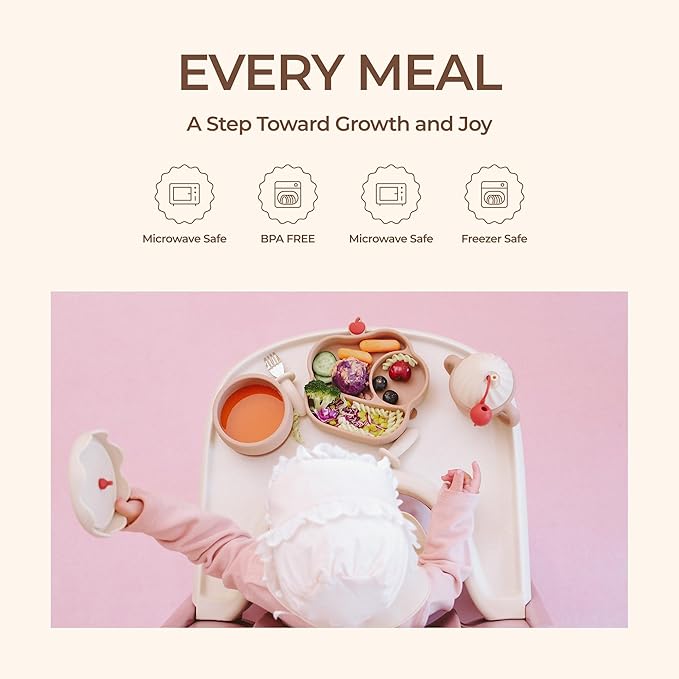 COZY ROCK Silicone Baby Feeding Set, Gelato Collection Baby Led Weaning Supplies, First Self-Feeding Set with Silicone Suction Bowl & Plate, Straw Cup & Bib, Fork & Spoon