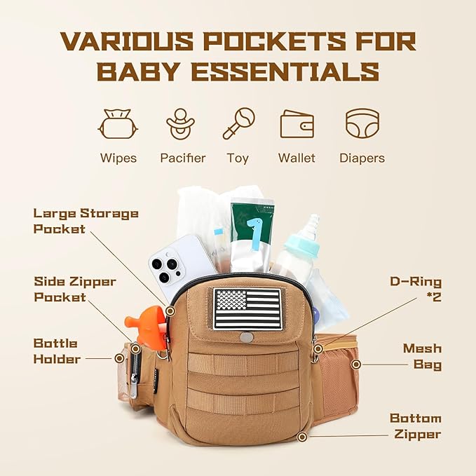 Dinictis Baby Hip Carrier, Ergonomic Waist Carrier with Hip Seat for Newborn to Toddler (Up to 45 lbs), Adjustable Wide Waistband, Molle Webbing & Multiple Pockets, Coyote Brown