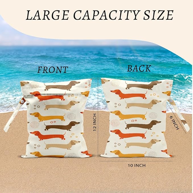 Dog Wet Bags 12x10 Inch, Cute Dachshund Waterproof Travel Laundry Bags, Washable Reusable Wet Dry Bag for Swimsuit Pool Beach Diapers Dirty Yoga Gym Clothes, Dog Gifts for Women Friend Travelers