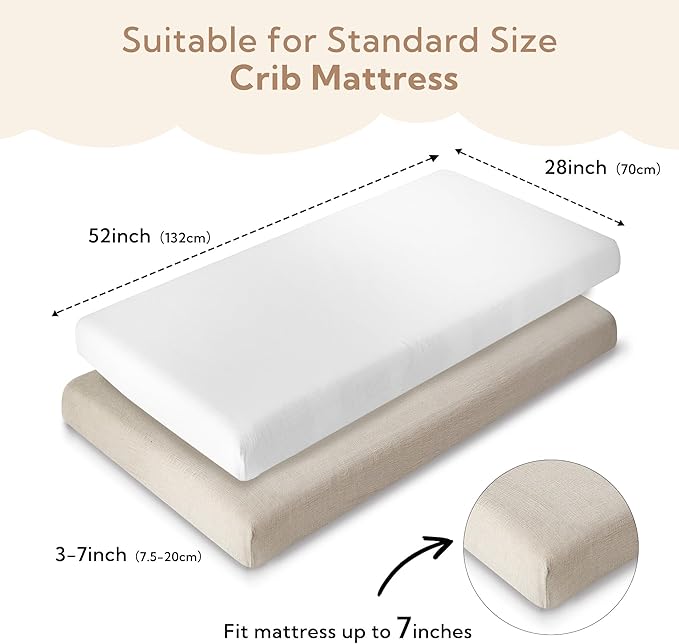 SOULFUL Muslin Crib Sheets for Boys Girls, 2 Pack Soft and Breathable Cotton Fitted Crib Sheets for Standard Crib Mattress (28"x 52", White & Light Tan)
