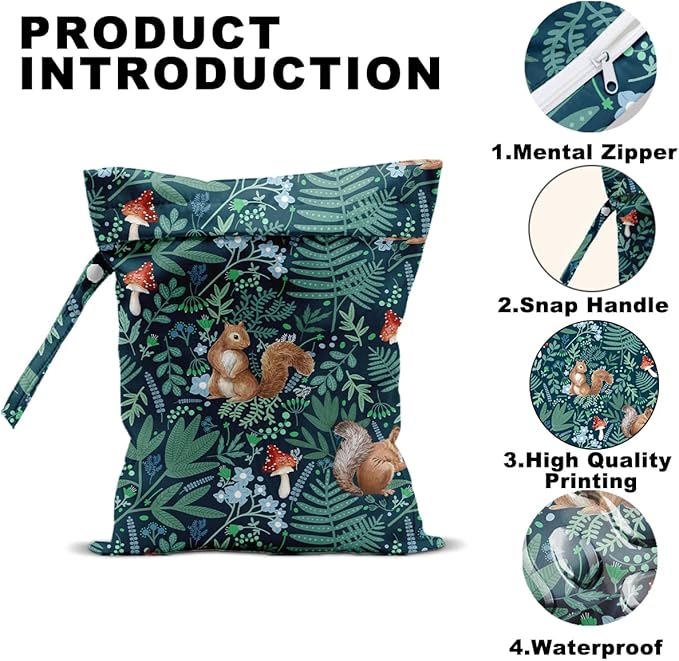 2Pcs Forest Animal Wet Bags 12x10 Inch, Cottage Core Botanical Waterproof Travel Laundry Bags, Squirrel Fox Wolf Reusable Wet Dry Bag for Swimsuit Pool Beach Diapers Dirty Yoga Gym Clothes