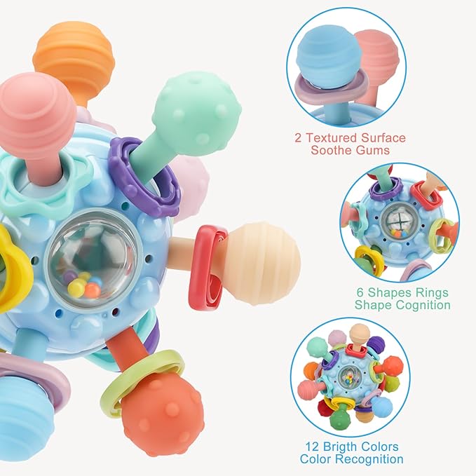 Baby Montessori Teething Toys for 0-6 6-12 Months, Food Grade Teether Sensory Toys for Babies 0 3 6 9 12 Months, Infant Newborn Developmental Learning Rattle Toys Gifts for Baby Boys Girls