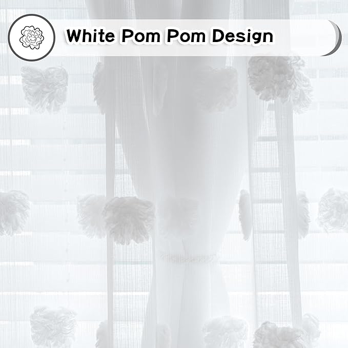 MYSKY HOME White Curtains for Bedroom 63 Inch Long Double Layer Curtains for Kids Room Kithen White Pom Pom Sheer Nursery Curtains Grommet Room Darkening Window Curtains 2 Panels Set, 52 x 63 Inch