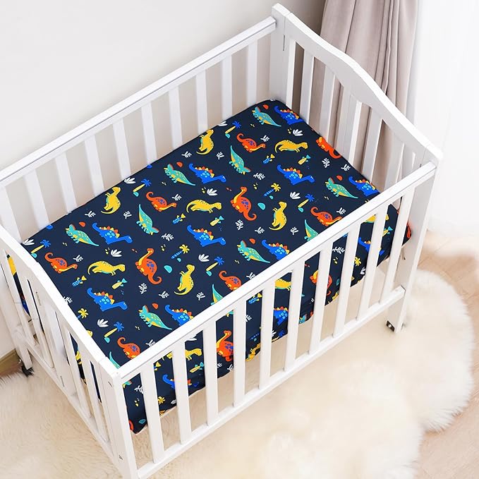 david's kids 3 Pack Mini Crib Sheets, Soft Breathable Premium Pack N Play Sheets for Baby Boys Girls Neutral, Playard and Mini Crib Mattresses, Dinosaur