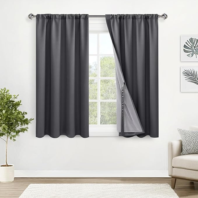 XWZO 100% Blackout Curtains with Tiebacks- Rod Pocket/Back Tab Privacy Protection & Noise Blocking Window Draperies with Black Liner for Bedroom/Living Room, Dark Grey, W52 x L45, Set of 2