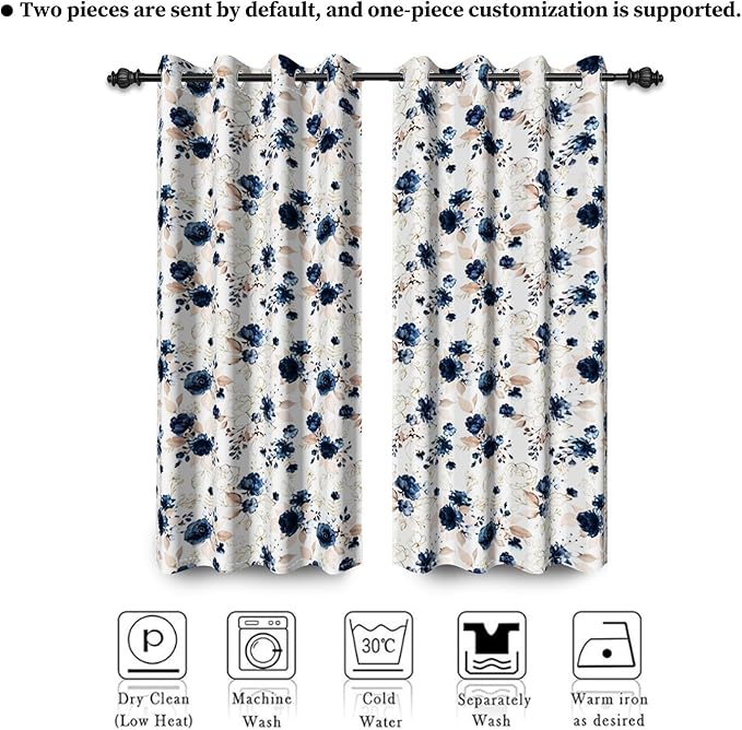 Renaiss Blue Floral Blackout Curtains, Flowers Pattern Thermal Insulated Window Curtains & Drapes for Bedroom 42W x 84L inches Long 2 Panel Set for Living Room Noise Reducing Decorative Curtains