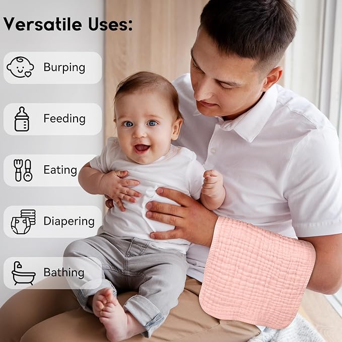 Unnivoll Muslin Burp Cloths for Baby 100% Cotton Burping Cloths for Boys Girls Large 20''X10'' Extra Soft and Absorbent 12 Pack - Flesh Pink