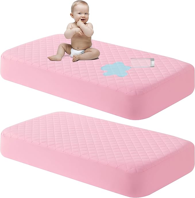 NTBAY 2 Pack Waterproof Crib Mattress Protector, Quilted 28"x52" Toddler Fitted Sheet - Machine Washable - Soft and Breathable Mattress Pad Cover for Crib, Nursery, Daycare, Cot, Pink