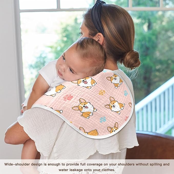 Qinllo 2 Pack Muslin Burp Cloths Cute Dogs Pink Cotton Baby Burp Cloths Ultra Soft Burping Cloth Absorbent Spit Up Rags for Baby Boys Girls 22x11 Inch