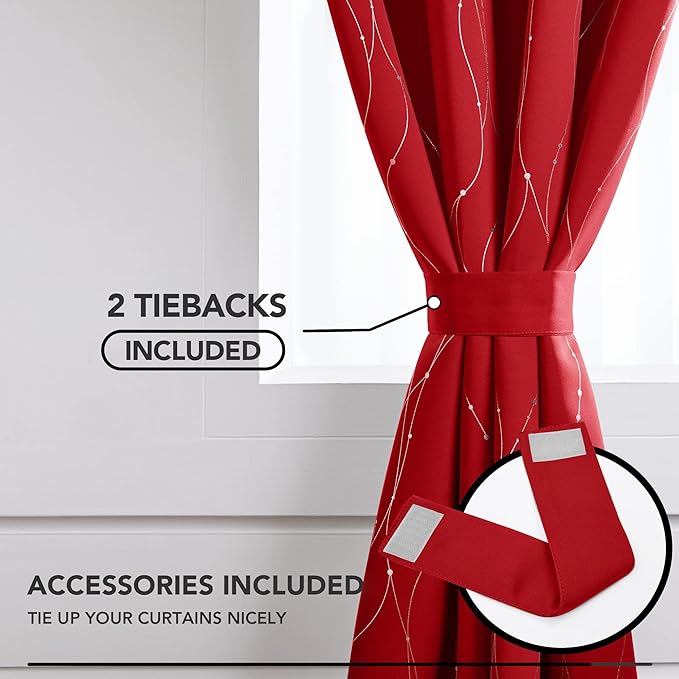 Deconovo Christmas Curtain, Red Curtains, Blackout Drapes, Thermal Insulated Soundproof Drape, Wave Line Dot Foil Print, 52 x 54 Inch, 2 Panels, Machine‑Washable Window Panel for Small Windows Kitchen