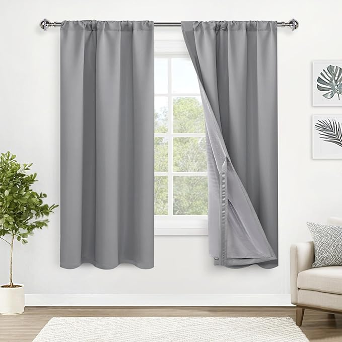 XWZO Full Shading Blackout Curtains with Tiebacks- Heat and Light Blocking Rod Pocket & Back Tab Window Drapes with Black Liner Backing for Bedroom/Kid's Room, Light Grey, W42 x L63, Set of 2 Panels