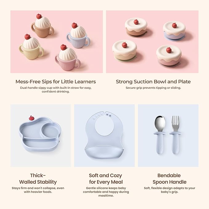 COZY ROCK Silicone Baby Feeding Set, Gelato Collection Baby Led Weaning Supplies, First Self-Feeding Set with Silicone Suction Bowl & Plate, Straw Cup & Bib, Fork & Spoon