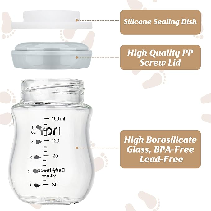 yanyoyo Glass Breastmilk Storage Bottles, 5.4oz Wide Neck Breast Milk Containers, BPA-Free, Lead-Free, Fits Breast Pumps and Nipples, 4 Pack