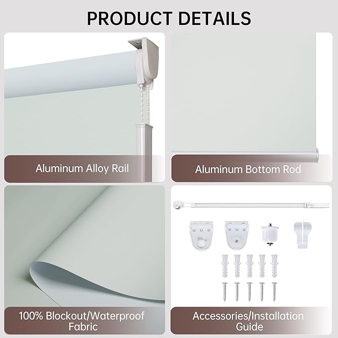 Allbright 100% Blackout Cordless Roller Shades for Windows, Thermal Insulated UV Protection, Window Roller Blinds for Home, Office, Bedroom, Door, 46" W x 72" H, Grey