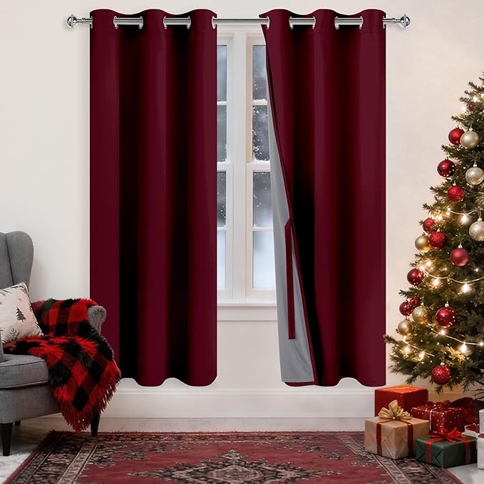 XWZO 100% Blackout Curtain Panels - Thermal Insulated Black Liner Curtains, Noise Reducing and Heat Blocking Drapes for Hall and Studio Windows with Tiebacks, Burgundy, W42 x L63, Set of 2
