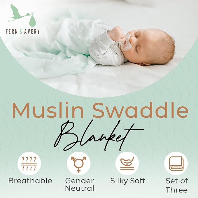Fern & Avery Muslin Swaddle Blankets - Baby Swaddles - Soft Receiving Blanket for Newborn Baby Boy Or Baby Girl, Lightweight & Breathable Swaddle - Mint Theme