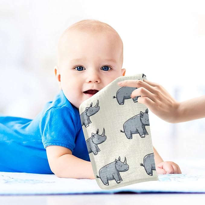 vvfelixl Baby Muslin Washcloths Cartoon Rhino Stick Figure Baby Burp Cloths Cotton Babys Face Towel for Newborn Infants Boys Girls Soft and Absorbent 11.8 X 11.8 in, 3 Pack