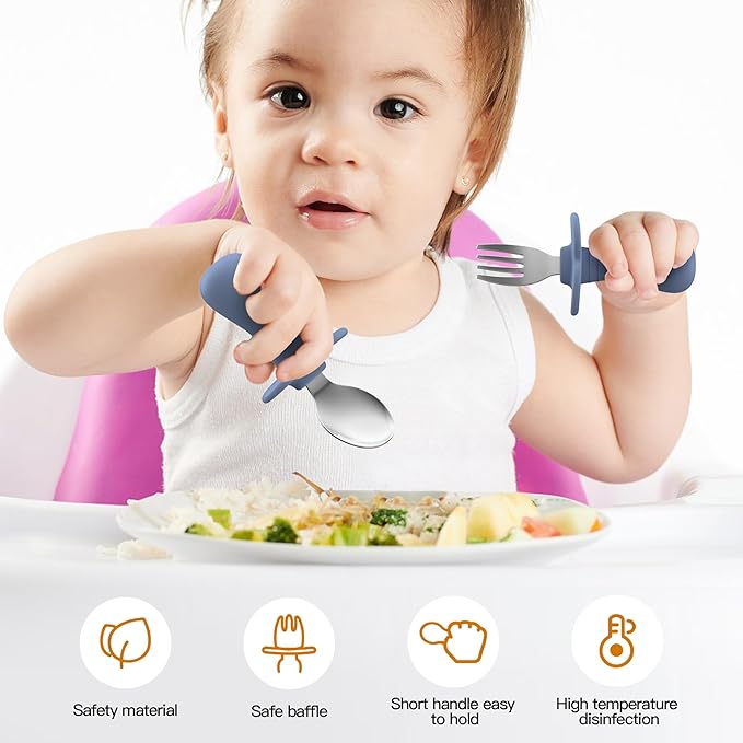 2 Pieces Toddler Utensils Forks and spoons set, Stainless Steel Childrens Silverware for Safe flatware Metal Kids Cutlery set with Round Handle, BPA Free, Anti-Choke Design (Dark Blue)
