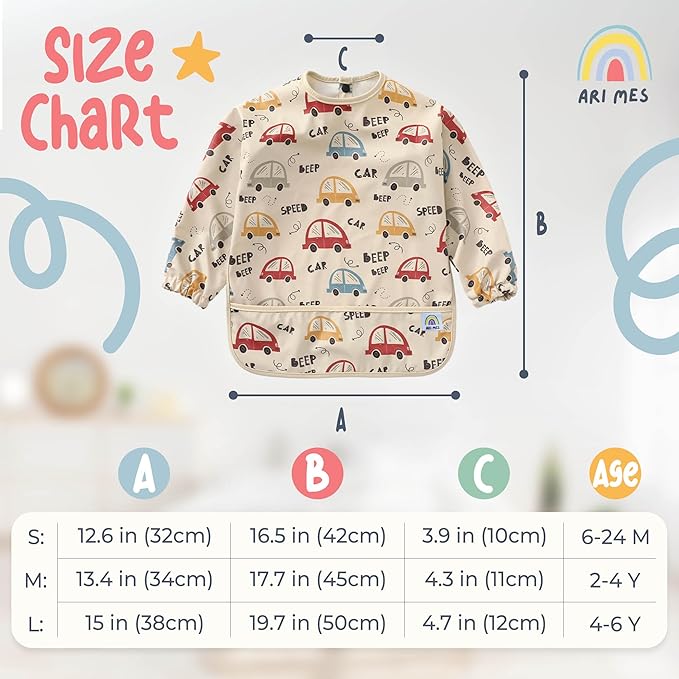 ARI MES Long Sleeves Waterproof Baby Bibs for Eating - Blue, Large- Wearable, Coverall for Toddler, Long Sleeve Bib, Smock Apron for Feeding - Applicable for 6-72 Months