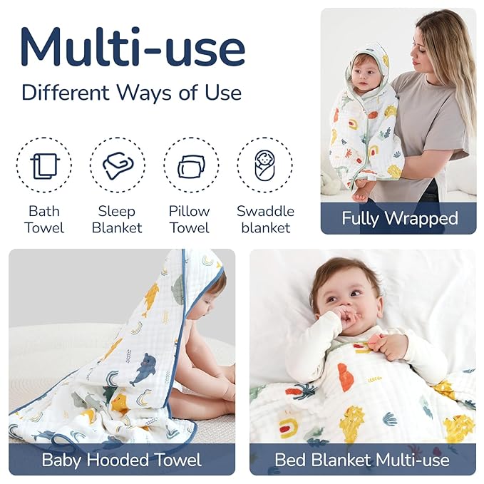 Muslin Hooded Baby Towels 2 Pack, Ultra Soft & Absorbent Baby Bath Towels, Bath & Beach Essentials, Shower Gifts for Newborns, Babies, Infant, Toddler - 32x32 Inch (Dolphin & Dinosaur)