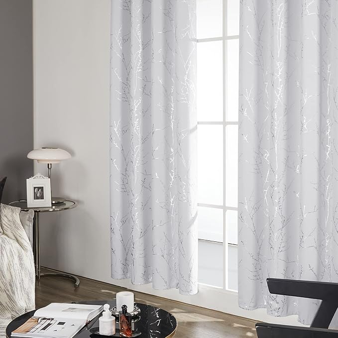 Deconovo Greyish White Curtains, Room Darkening Curtain, Thermal Insulated Soundproof Drapes, Silver Branch Print, 42 x 54 Inch Long, Grommet Window Panels for Living Room Bedroom Kitchen, Set of 2