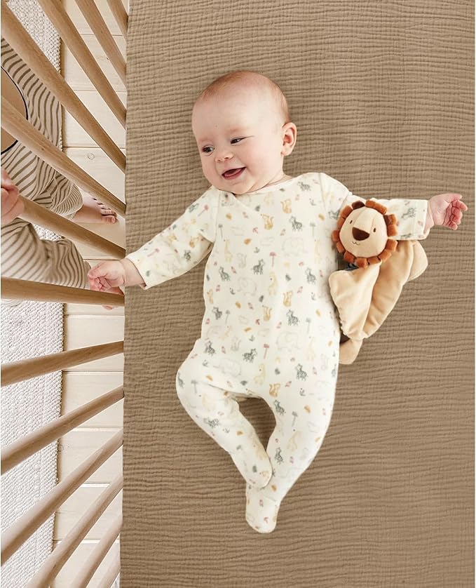 lulumoon Baby Muslin Crib Sheets: Soft & Breathable Fitted Crib Sheets for Boys and Girls - Khaki Bunny Sheets for Standard Crib 2Pack