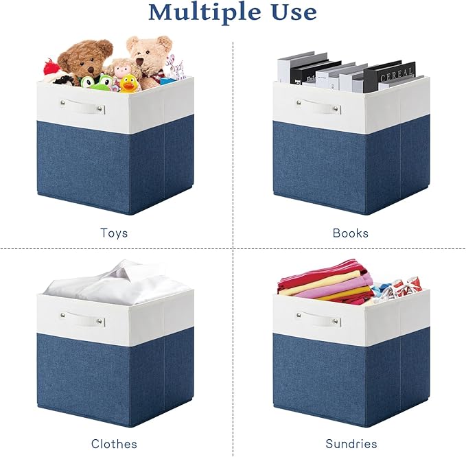 13 x 13 Inch Fine Linen Storage Bins with Handles，Fabric Cube Boxs，Basket Organizers for Shelves for Home, Closet Drawers (White/Blue-4 Pack)