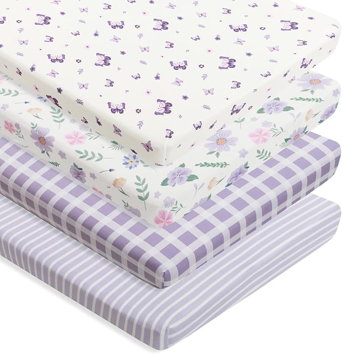 4 Pack Butterfly Baby Crib Sheets for Baby Girls Purple Crib Fitted Sheets for Standard Size Crib and Toddler Mattress Soft and Breathable (Pack N Play)