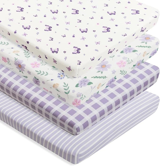 4 Pack Butterfly Baby Crib Sheets for Baby Girls Purple Crib Fitted Sheets for Standard Size Crib and Toddler Mattress Soft and Breathable (Pack N Play)
