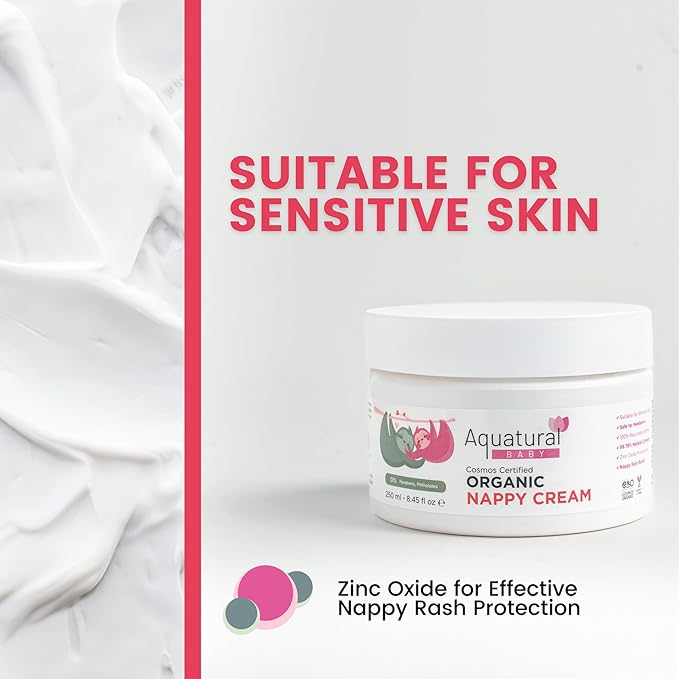 Aquatural Organic Nappy Cream - Newborn Diaper Care - Gentle Care Diaper-Cream, Natural Moisturizer Zinc Oxide Ointment for Kids Sensitive Skin - Baby Rash (8.45fl oz)